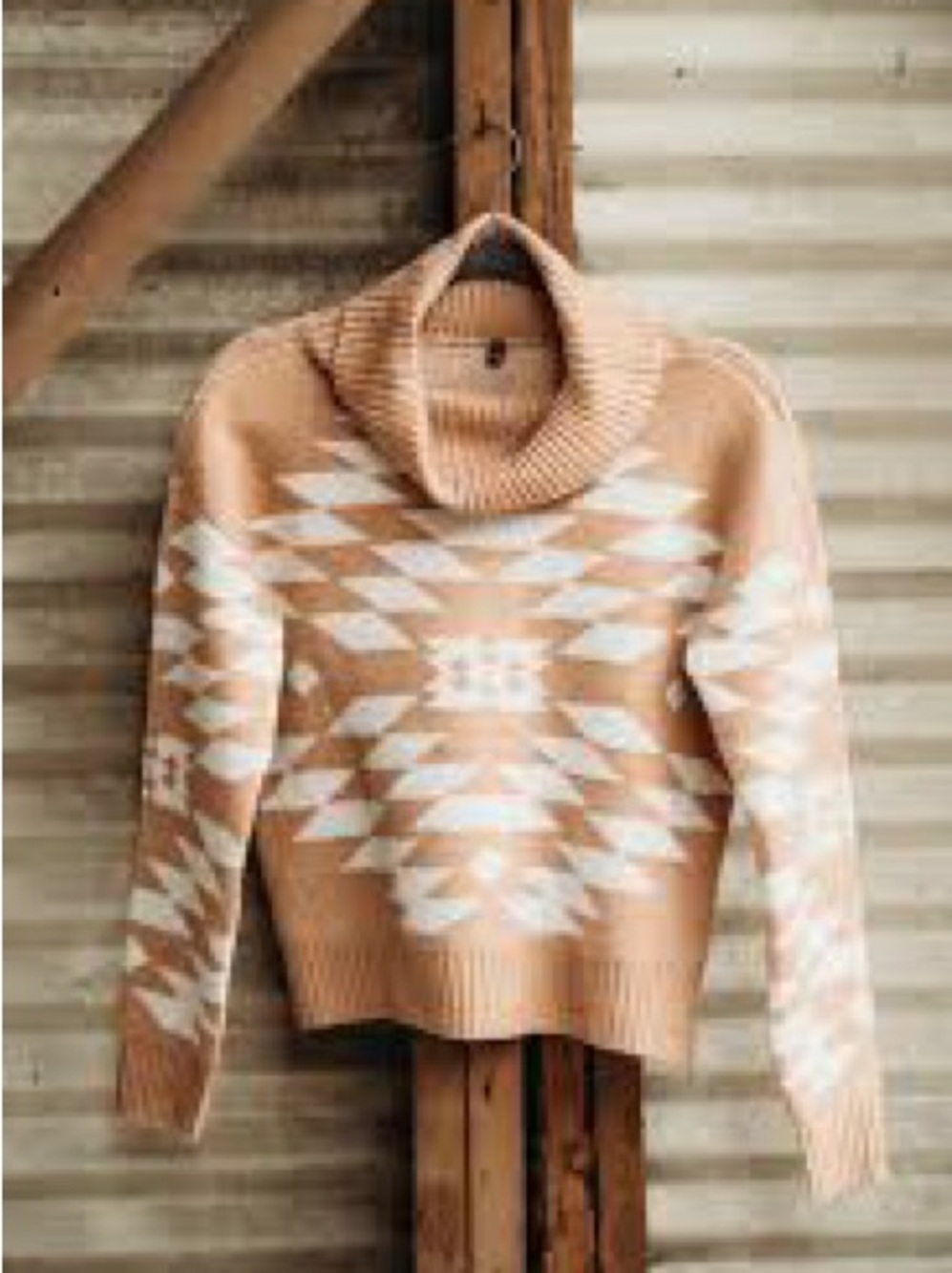 Adrienne Vittadini Camel & White Cowl Neck FX Geometric Sweater. Item # 11471